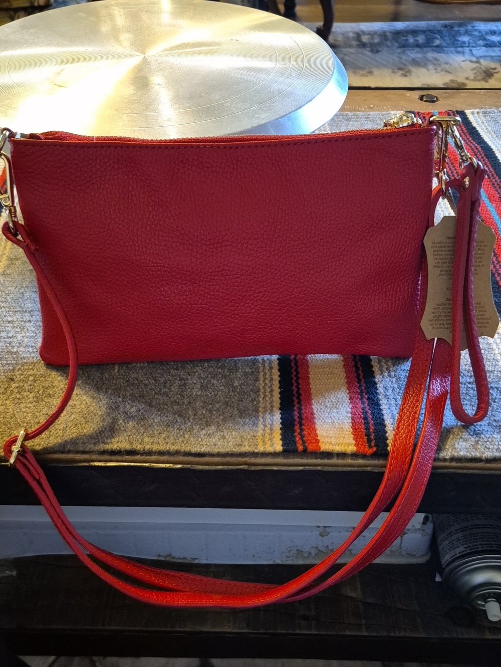 Vera Pelle Red Leather Clutch 2 Way Carry Up To 24" NWT Crossbody. Made In Italy